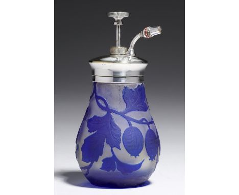 AN EPNS MOUNTED PEAR SHAPED CAMEO CLASS SCENT BOTTLE, C1920&nbsp; of opal cased in blue glass and decorated with seed pods an