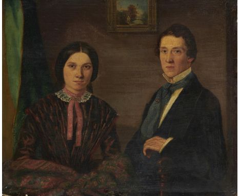 BRITISH NAIVE ARTIST, MID 19TH CENTURY DOUBLE PORTRAIT OF A YOUNG LADY AND GENTLEMAN&nbsp; &nbsp;seated half length in an int