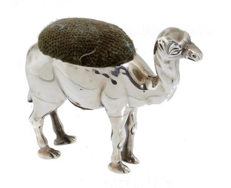 AN EDWARD VII SILVER CAMEL NOVELTY PIN CUSHION&nbsp; 5.2cm,&nbsp; by Spurrier &amp; Co Ltd, Birmingham 1908  Light wear
