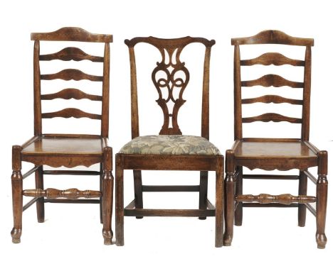 A GEORGE III MAHOGANY DINING CHAIR&nbsp;&nbsp; WITH INTERLACED SPLAT AND TWO ASH LADDERBACK CHAIRS, LATE 18TH AND EARLY 19TH 