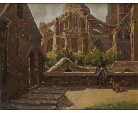 VERNON BEAUVOIR WARD (1905-1985) TWO WOMEN CONVERSING NEAR A CATHEDRAL&nbsp; signed and dated 192[or 3]4, oil on canvas, 34.5