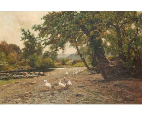 ARTHUR WALKER REDGATE (1860-1906) GEESE BY A RIVER&nbsp; signed, oil on canvas, 49.5 x 75cm  Good original condition, the var