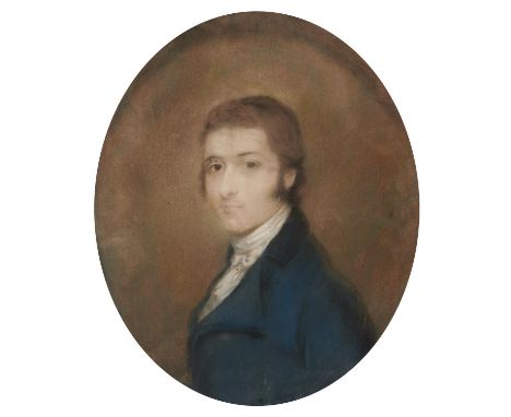 ENGLISH SCHOOL,&nbsp;EARLY 19TH CENTURY PORTRAIT OF AYOUNG MAN&nbsp; bust length in a blue coat and white stock, pastel laid 