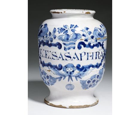 A LONDON DELFTWARE DRUG JAR, C1700-20&nbsp; of ovoid shape, painted in dark blue with a strapwork label inscribed E: E: SASAP