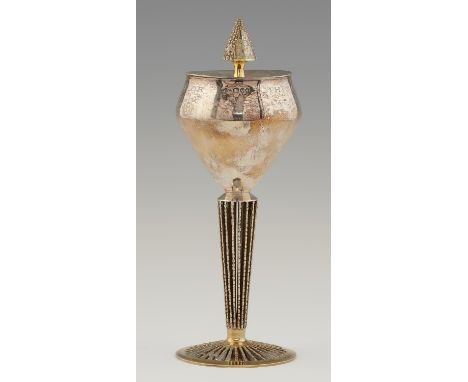 A STUART DEVLIN PARCEL GILT SILVER CUP AND COVER&nbsp;the conical bowl engraved THE CUP OF THE VICE-CHANCELLOR, 30cm h, maker