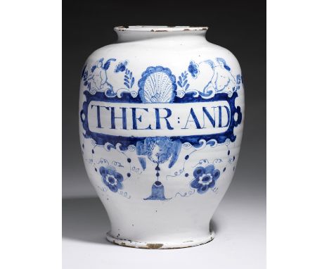 A LONDON DELFTWARE DRUG JAR OF UNUSUALLY LARGE SIZE, C1740&nbsp; of ovoid shape, painted in blue with a label inscribed&nbsp;