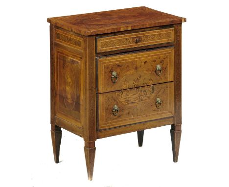 A NORTH ITALIAN MARQUETRY AND PENWORK COMMODE, C1790&nbsp; the top, front and both panelled sides decorated with oval frame s