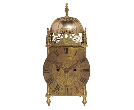 A VICTORIAN BRASS REPLICA LANTERN CLOCK, C1900&nbsp;&nbsp;with twin fusee movement striking on brass bell, 37cm h  Good condi