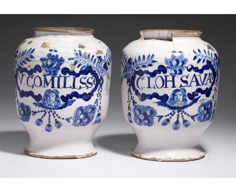TWO LONDON DELFTWARE DRUG JARS, C1700&nbsp; of ovoid shape, painted in dark blue apparently by the same hand with a strapwork