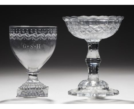 AN ENGLISH GLASS RUMMER, C1800&nbsp;the bowl engraved with the initials G*S*H beneath swags, on moulded 'lemon squeezer' foot