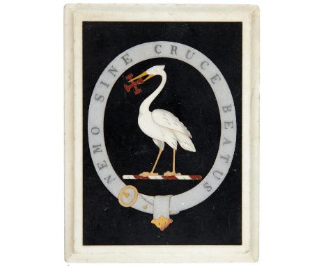 A MALTESE PIETRE DURE ARMORIAL DESK WEIGHT ATTRIBUTED TO JOSEPH DARMANIN &amp; SONS, MID 19TH C&nbsp;with&nbsp; a stork, a cr