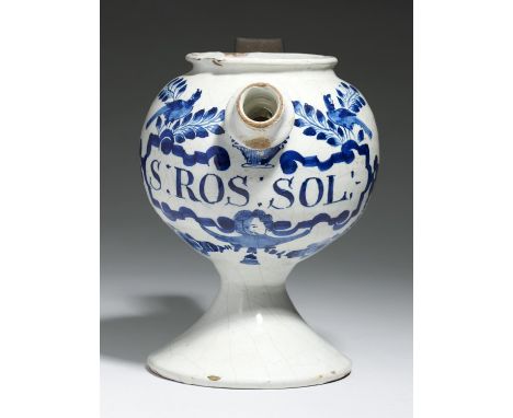 A LONDON DELFTWARE WET DRUG JAR, C1700&nbsp;&nbsp; of globular shape with flanged spout, on flared foot, painted in dark blue