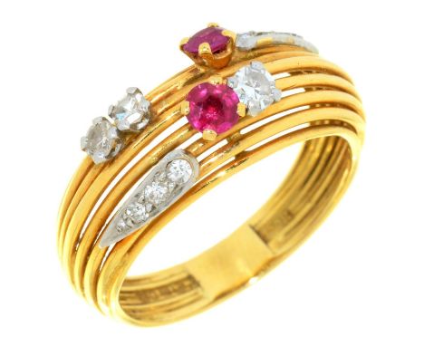 A RUBY AND DIAMOND WIREWORK BAND RING BY ANDREW GRIMA&nbsp;in 18ct gold, mark of H J Co, London 1963, 6g, Size R  Good condit