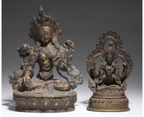 TWO SOUTH EAST ASIAN GILT LACQUERED BRONZE SCULPTURES OF BODHISATTVAS, 19TH C OR EARLIER&nbsp;16 &amp; 21cm h  Much entrusted