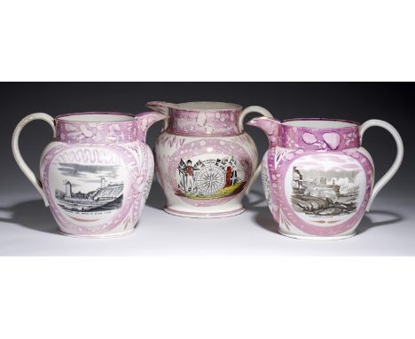 THREE SUNDERLAND LUSTRE JUGS, SECOND QUARTER 19TH C&nbsp; two similarly decorated with prints of Tynemouth Haven, Shields, Th
