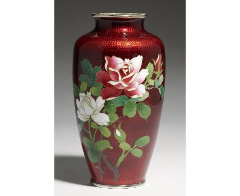 A JAPANESE CHERRY RED GIN BARI GROUND CLOISONNE ENAMEL VASE, SHOWA PERIOD&nbsp;decorated with roses, silvered metal rims, 18c