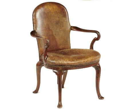A WALNUT CHAIR IN GEORGE II STYLE, LATE 19TH C&nbsp;the arched, padded back and compass seat covered in close nailed green hi