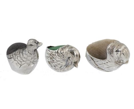 A EDWARD VII SILVER CHICK NOVELTY PIN CUSHION AND TWO OTHERS SIMILAR OF LATER DATE&nbsp; approx 2.5cm, the first by Samuel M 