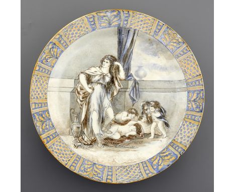 A WEDGWOOD QUEENSWARE CHARGER, 1860 OR 86 painted in the manner of Henry Brownsword with a classical scene in panelled blue a