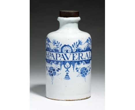 A RARE LONDON DELFTWARE BOTTLE SHAPED DRUG JAR, C1740-50&nbsp; cylindrical with slightly waisted neck and prominent rim, pain