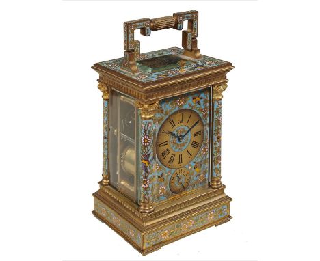 A FRENCH GILT BRASS AND&nbsp; CHAMPLEVE ENAMEL CARRIAGE CLOCK, LATE 19TH C&nbsp; with subsidiary alarm dial, the gong strikin