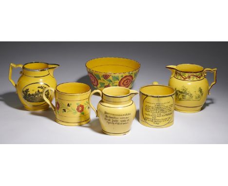 SIX BRITISH YELLOW GLAZED WARES, C1820&nbsp;comprising three bat printed jugs, a silver lustre mug with printed verse "Custom