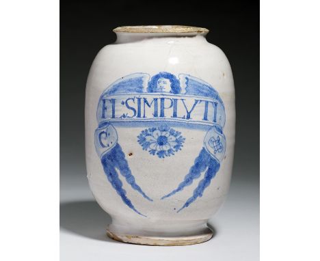 A LONDON DELFTWARE DRUG JAR, C1670-85&nbsp;of ovoid shape painted in pale blue with an angel's head label inscribed C: FL: SI