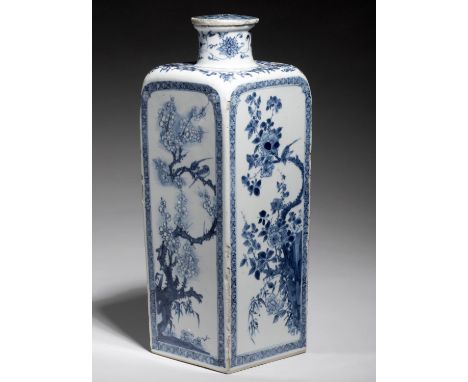 A JAPANESE BLUE AND WHITE FLASK, EDO PERIOD, 18TH C&nbsp;of square section, each face painted with flower plants in diaper bo