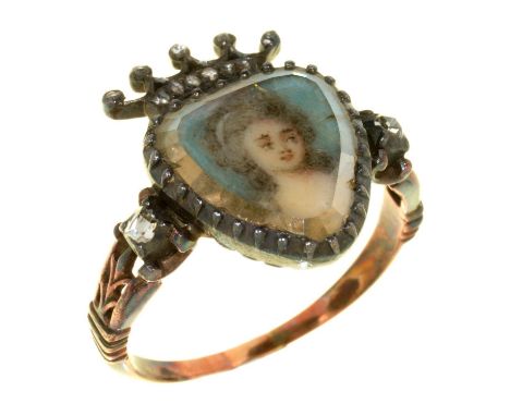 A DIAMOND HEART-AND-CROWN PORTRAIT RING, 18TH C&nbsp; the miniature of a young woman painted on ivory, set in silver with ros