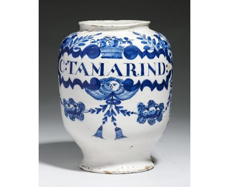 A LONDON DELFTWARE DRUG JAR, C1700-20&nbsp;&nbsp; of ovoid shape, painted in blue with a strapwork label inscribed C; TAMARIN
