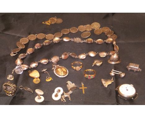 A bag containing a small collection of costume and other jewellery to include silver threepences, part mounted as a bracelet,