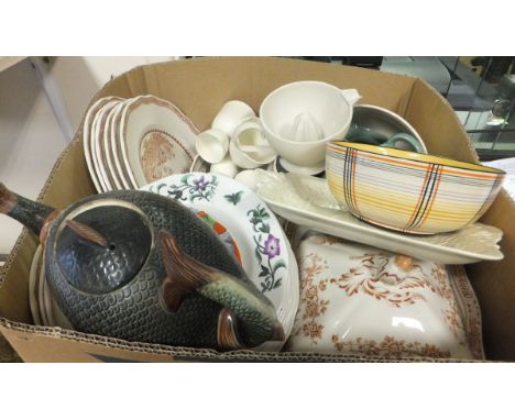 A collection of miscellaneous china wares to include a majolica teapot in the form of a fish, a collection of Wedgwood Barlas