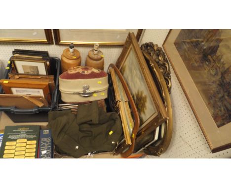 A box of various prints, two treen ware table lamps, various mirrors, No. 2 army dress uniform, various paintings, and a box 