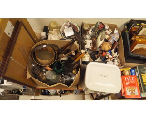 A collection of miscellaneous sundries to include various kitchenalia, brass jam pan, oil lamps, various glassware and china,