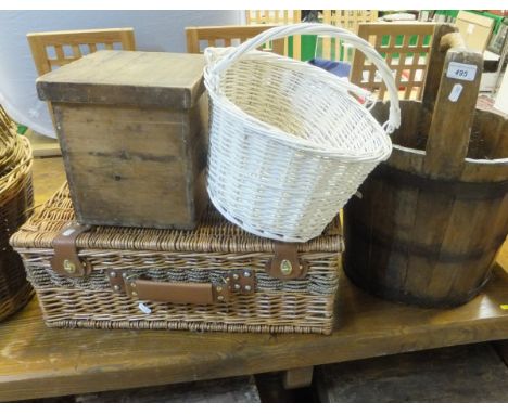 A collection of assorted baskets and wooden trunks to include a five drawer index filing chest, iron handled trunk, vintage f