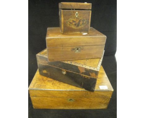 A late George III mahogany and shell marquetry inlaid single section tea caddy, mahogany sewing box, parquetry banded writing