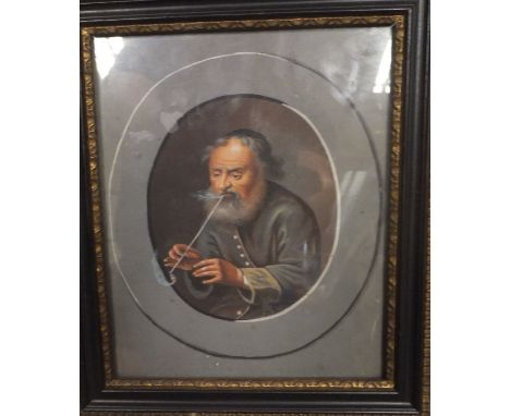 CONTINENTAL SCHOOL "A bearded man in blue robes smoking a pipe", watercolour, unsigned together with a vinatge cardboard sign