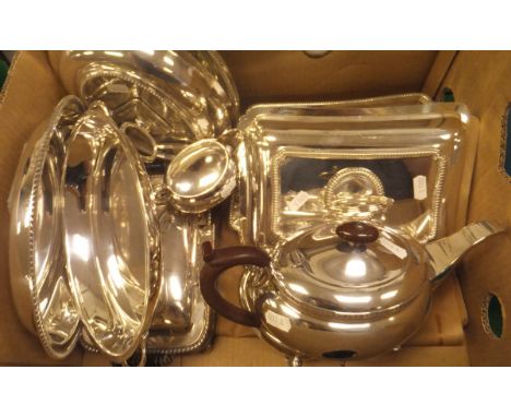 A box containing a collection of plated wares to include an oval teapot, milk jug and sugar bowl, entree dishes, etc