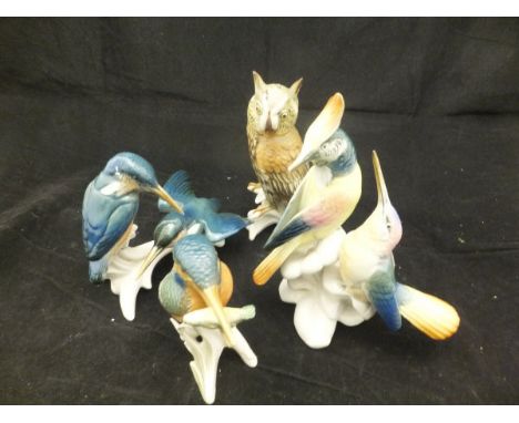 Four Karl Ens porcelain bird figure groups to include kingfisher, owl, etc (4) CONDITION REPORTS Two kingfishers figure - one