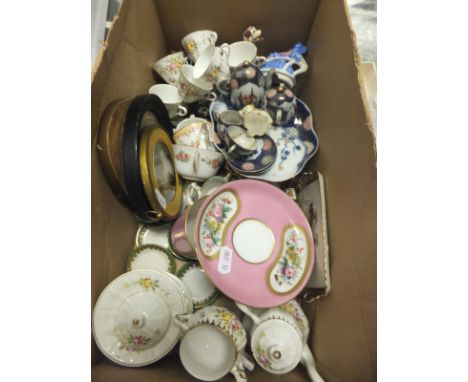 A box containing a collection of miniature china wares and decorative wares, etc, to include a small Bonzo dog figurine, a 19