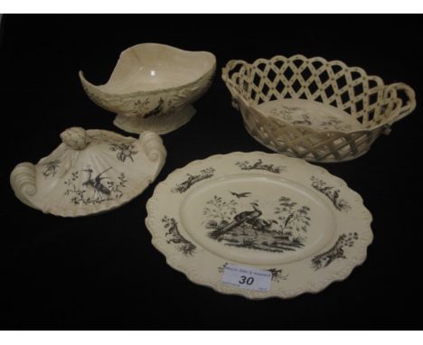 A Wedgwood creamware sauce tureen cover and stand, transfer printed at Liverpool by Sadler & Green, together with a matching 