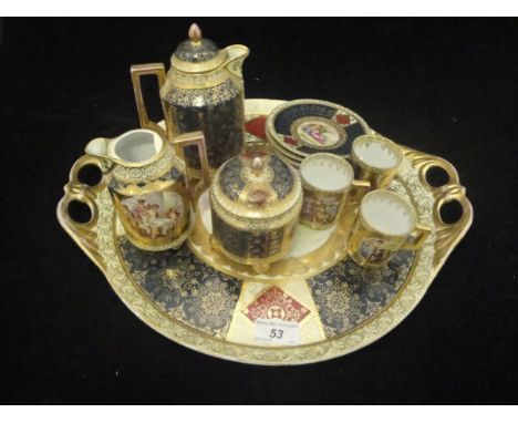 A Vienna porcelain tray decorated with Classical maidens, together with a collection of matching coffee wares to include sucr