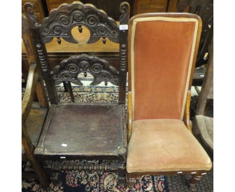 A 19th Century walnut framed nursing chair upholstered in terracotta fabric, together with a mid 20th Century stained oak sid