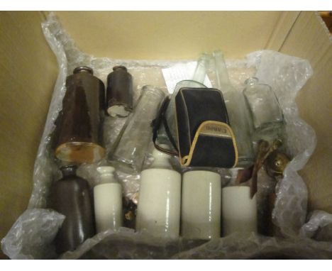 A box of miscellaneous items to include a collection of stoneware jars and glass jars, a small trench art trinket box, two WW