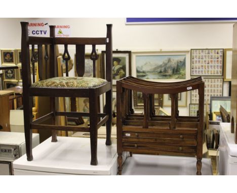 A 20th Century mahogany Canterbury with two drawers below, an Arts and Crafts oak framed corner chair, a rectangular dark oak