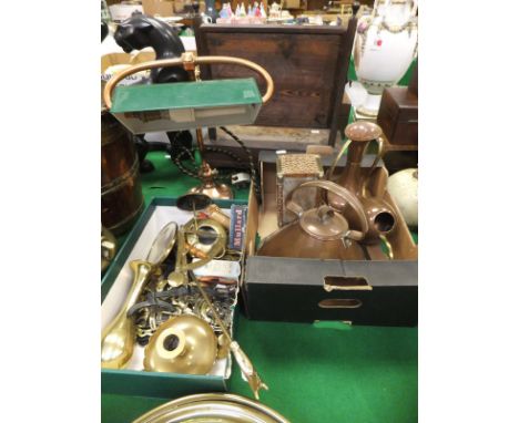 A collection of various brass and copper wares to include a copper range kettle, copper desk lamp, brass warming pan, a set o