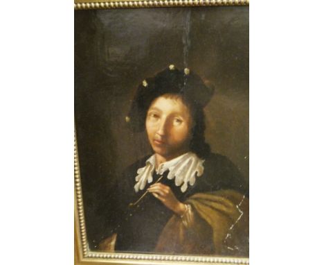 19TH CENTURY CONTINENTAL SCHOOL "Gentleman in white lace collar smoking a pipe", oil on board, unsigned, together with anothe