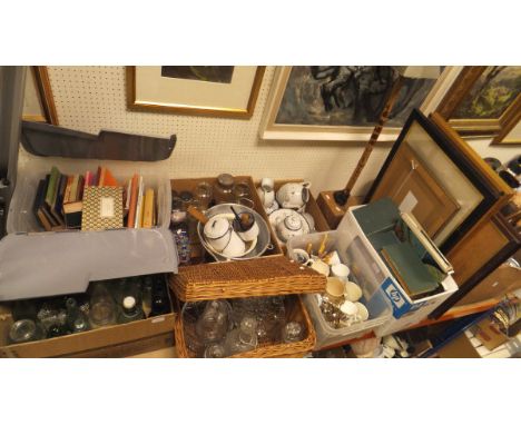 A box containing various vintage bottles, two boxes of books, a box of enamel wares, jam pan and various bottles, a basket of
