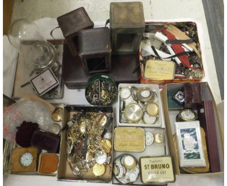 A large collection of various watch parts including cases, faces, movements, glasses, various modern pocket watches, chains, 