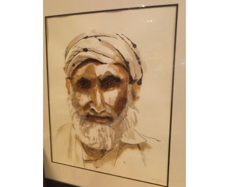 HELEN PAKEMAN "Bearded Arab gentleman", a head and shoulders portrait study, pen and ink and watercolour heightened with whit